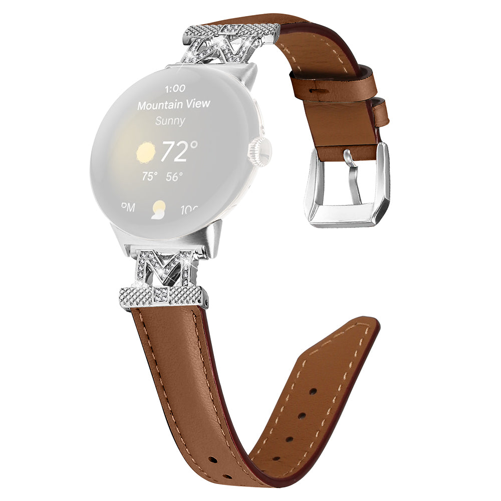 For Google Pixel Watch Pixel Watch 2 Silver Buckle Genuine Cowhide Leather Watch Strap with M Shape Rhinestone Decor For Google Pixel Watch Pixel Watch 2 Silver Buckle Genuine Cowhide Leather Watch Strap with M Shape Rhinestone Decor